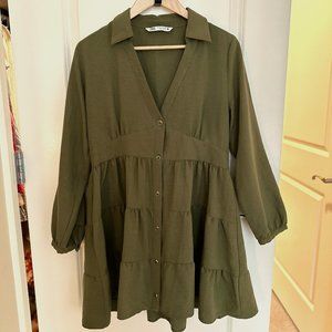 Zara Olive Button Up Tiered Dress